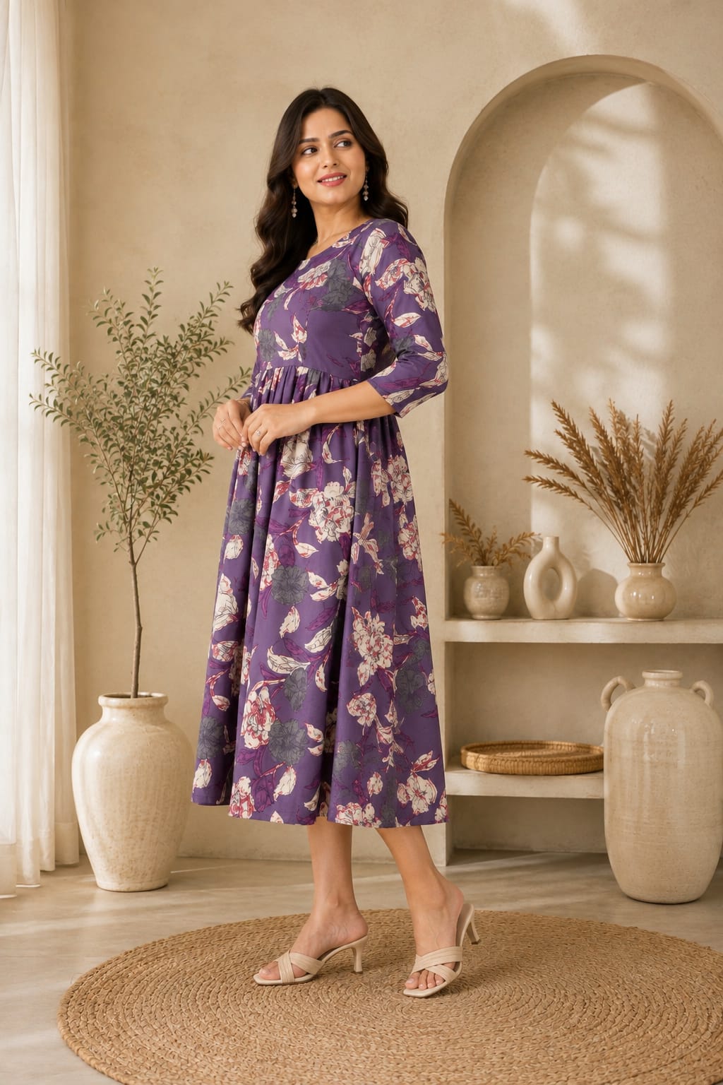 Purple Floral Feeding Dress – Elegant Comfort Wear for New Moms