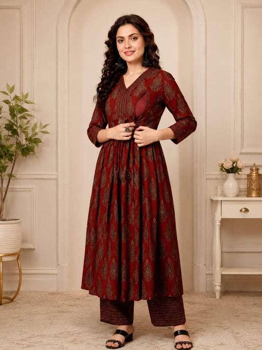 Maroon Printed Feeding Kurti Set ❤️