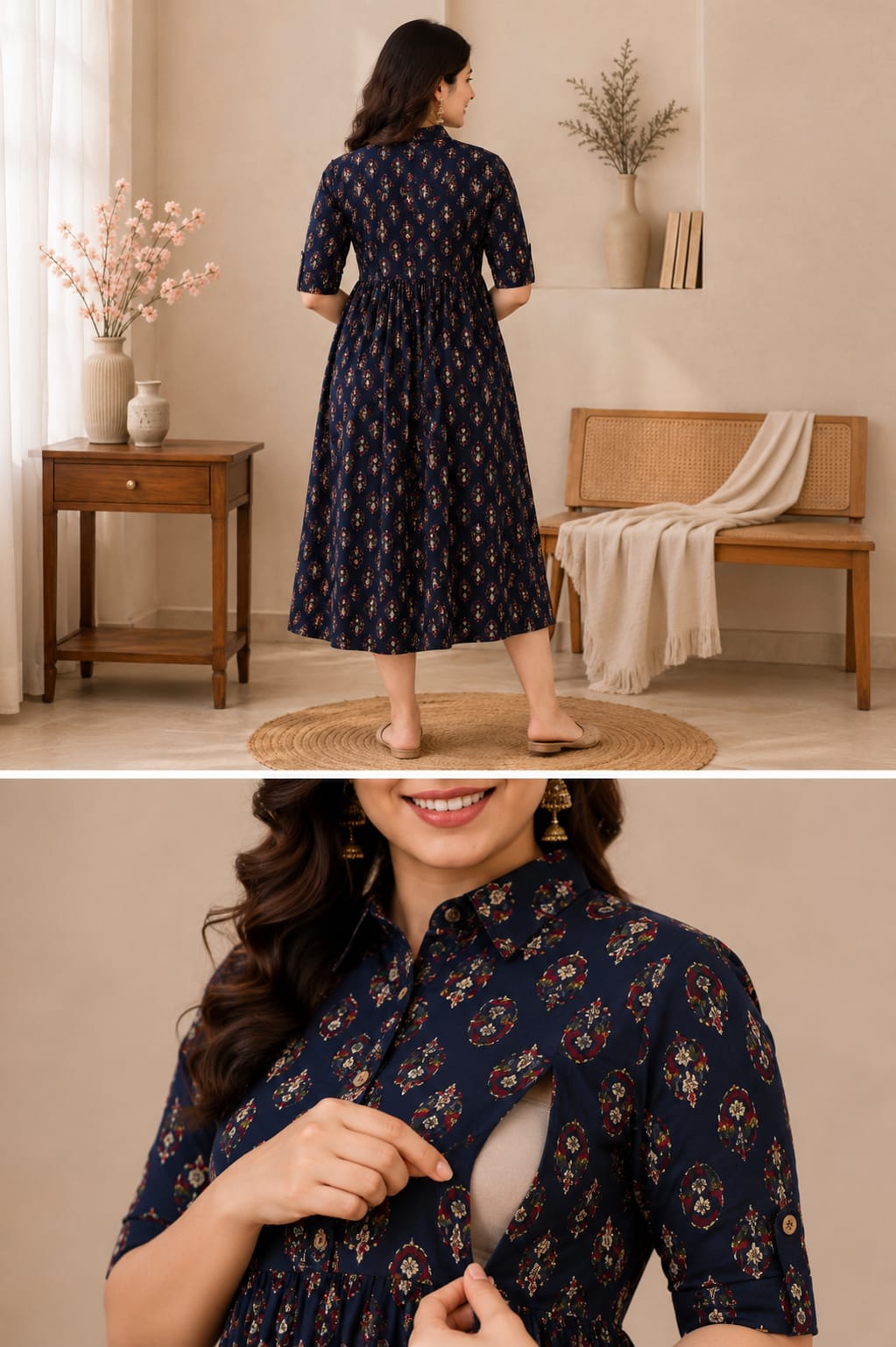 Elegant Printed Maternity Feeding Gown for Women – Comfortable Nursing Dress