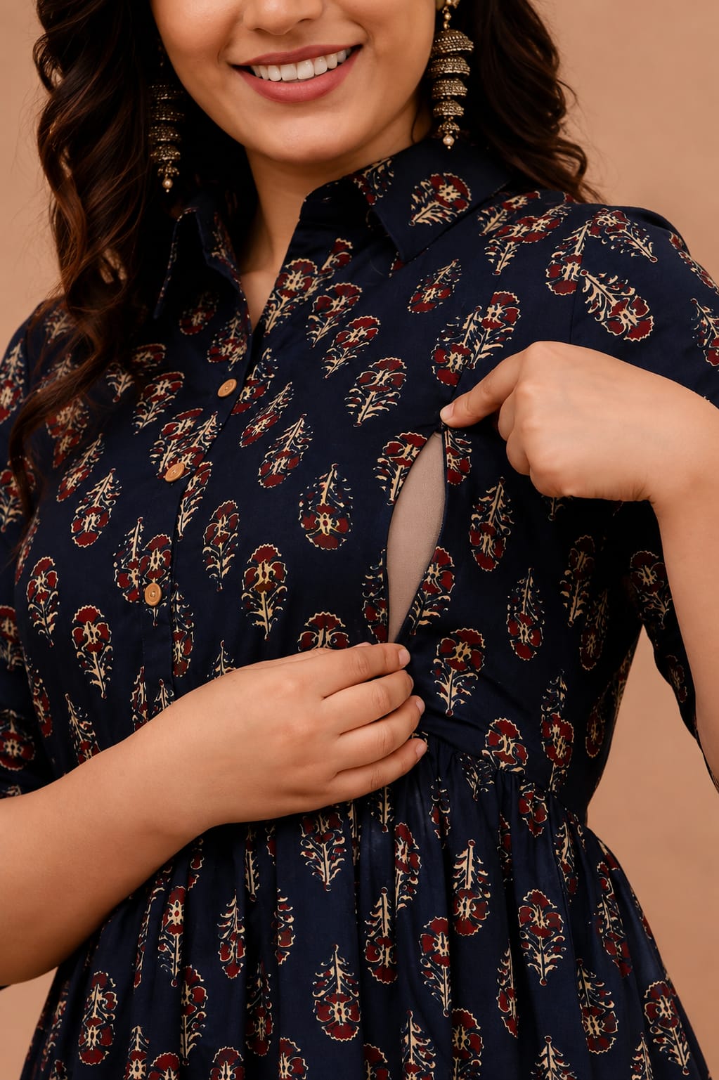 Elegant Printed Maternity Feeding Gown for Women – Comfortable Nursing Dress