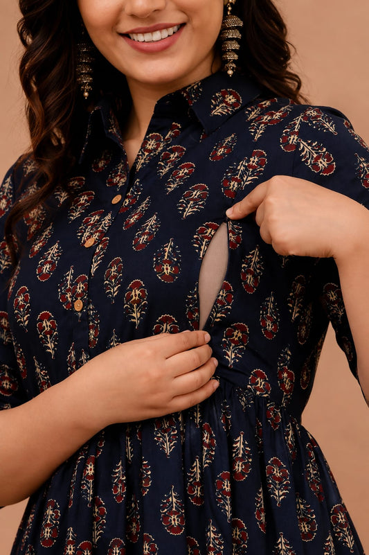 Elegant Printed Maternity Feeding Gown for Women – Comfortable Nursing Dress