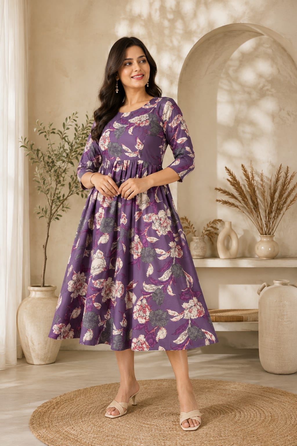 Purple Floral Feeding Dress – Elegant Comfort Wear for New Moms