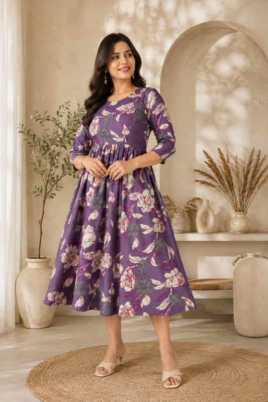 Purple Floral Feeding Dress – Elegant Comfort Wear for New Moms