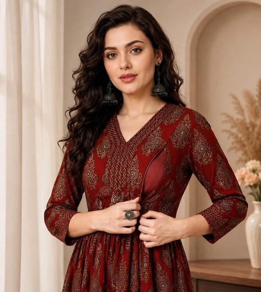 Maroon Printed Feeding Kurti Set ❤️