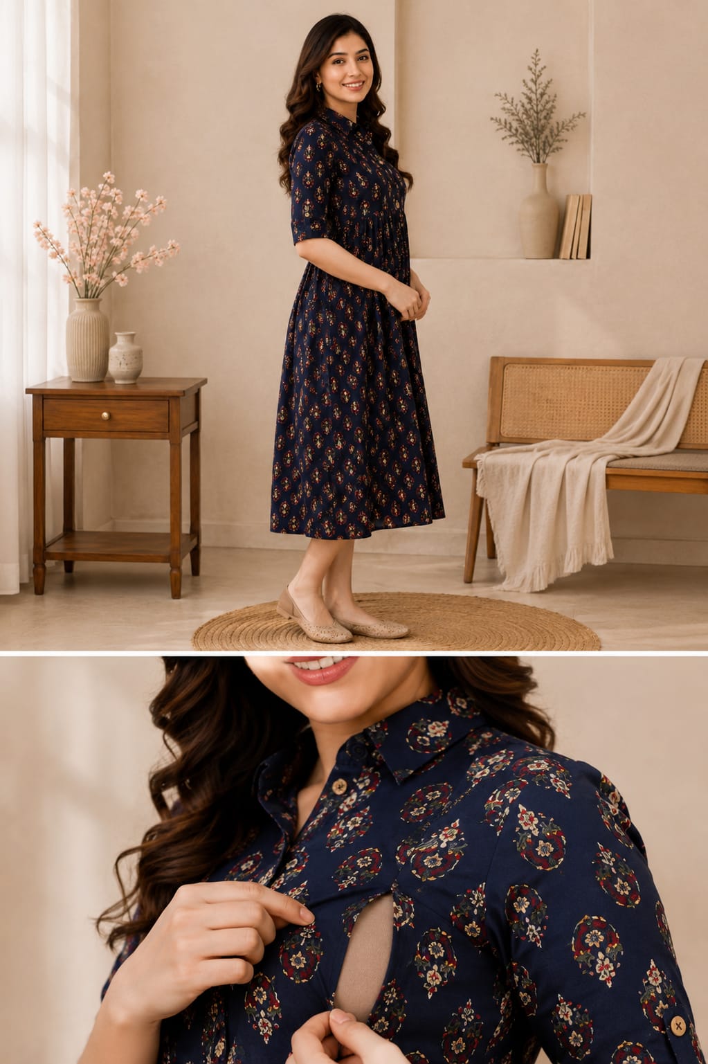 Elegant Printed Maternity Feeding Gown for Women – Comfortable Nursing Dress