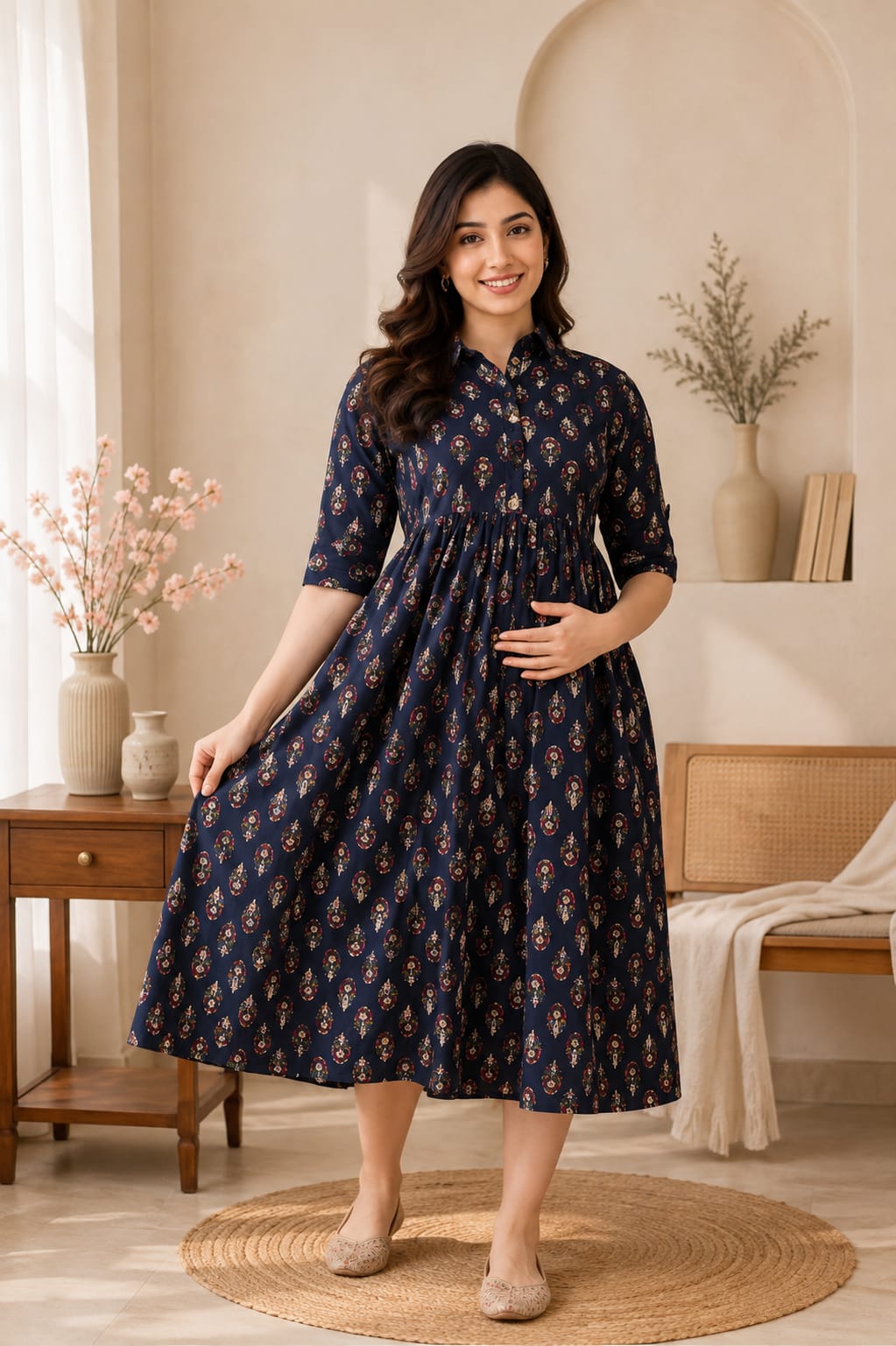 Elegant Printed Maternity Feeding Gown for Women – Comfortable Nursing Dress