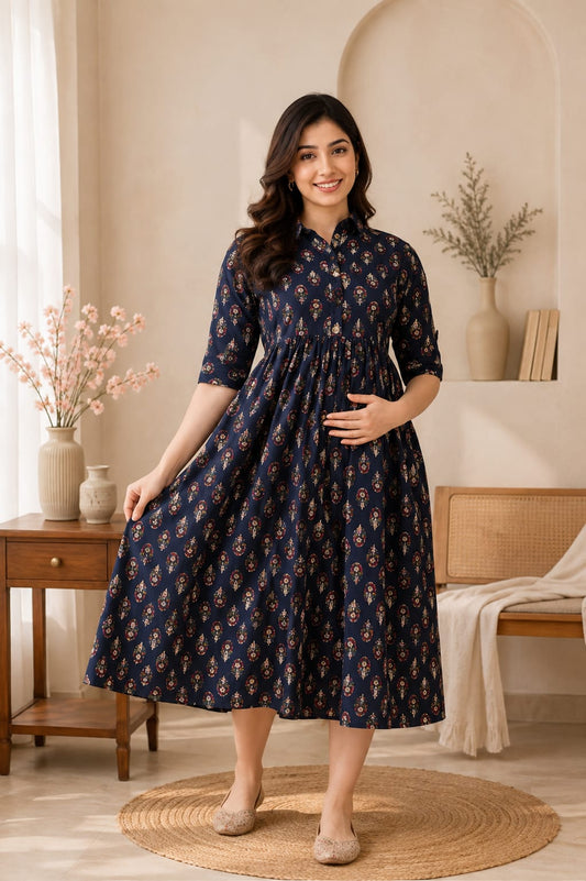Elegant Printed Maternity Feeding Gown for Women – Comfortable Nursing Dress